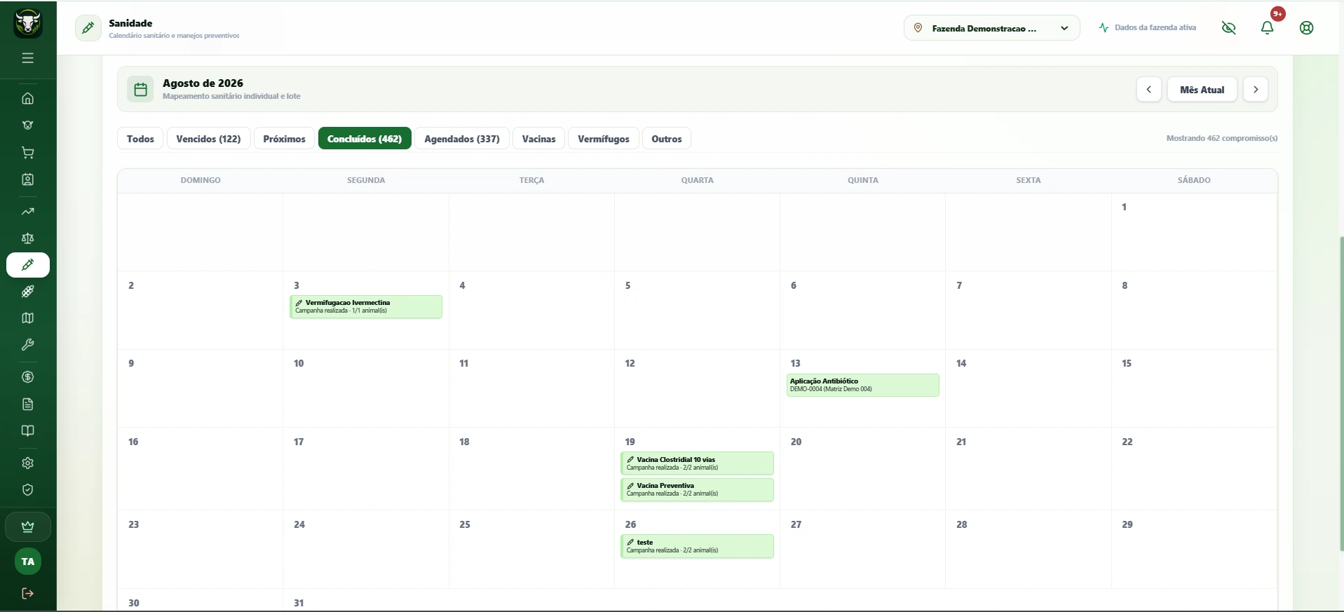 Calendário de sanidade do Taurion em um computador, com filtros de compromissos vencidos, próximos, concluídos e agendados, além de aplicações distribuídas pelos dias do mês.